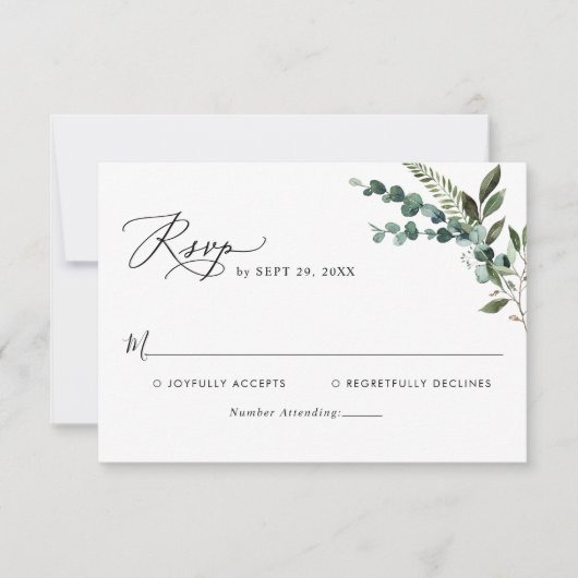 Moderne Skripte Rustikale Hochzeit RSVP Karte (Vorderseite)