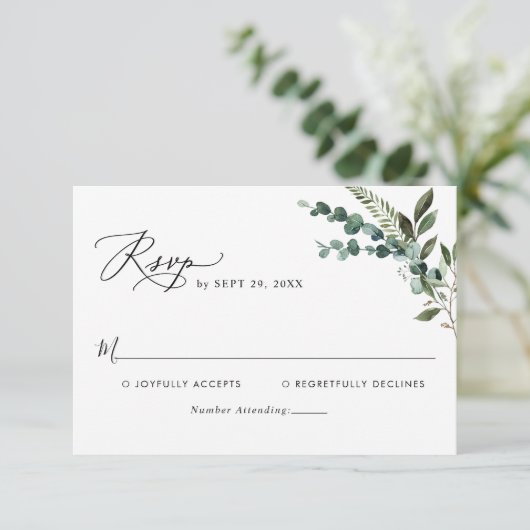 Moderne Skripte Rustikale Hochzeit RSVP Karte (Stehend Vorderseite)