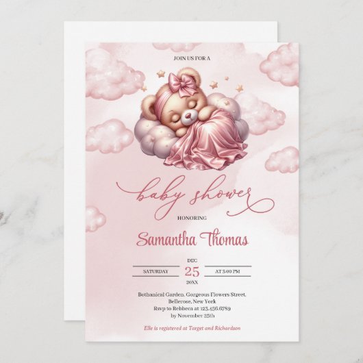 Moderne Skripte schlafend Bär Mädchen Dusche Baby Einladung (Vorne/Hinten)