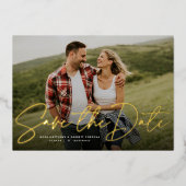 Moderne Skripte trendy ein Foto Save the Date Folieneinladung (Vorderseite)