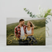 Moderne Skripte trendy ein Foto Save the Date Folieneinladung (Stehend vorne)