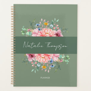 Moderne Skripte zeigen grüne trendy Blume Monogram Planer