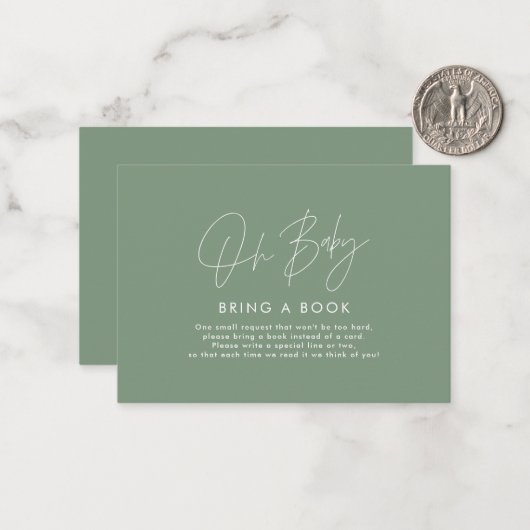 Moderne Skriptgrün Babydusche bringt Buch Mitteilungskarte (Vorderseite/Rückseite Beispiel)
