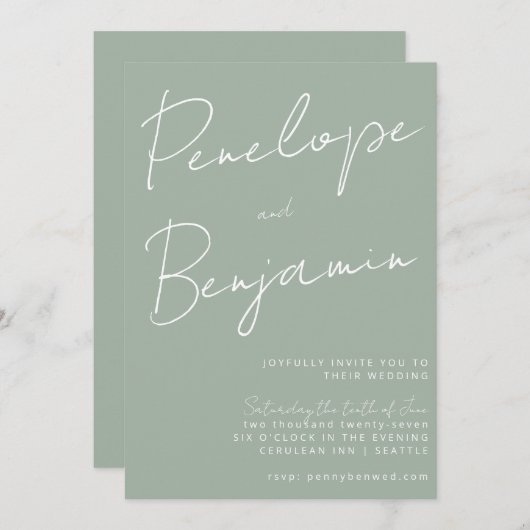 Moderne Skripthandschrift Dusty Sage Wedding Einladung (Vorne/Hinten)