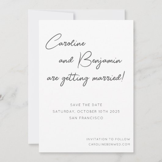 Moderne Skripthandschrift Hochzeit Weiß Schwarz Save The Date (Vorderseite)