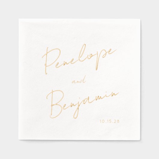 Moderne Skripthandschrift Hochzeit Weiß und Gold Servietten Mit Folie (Vorderseite)