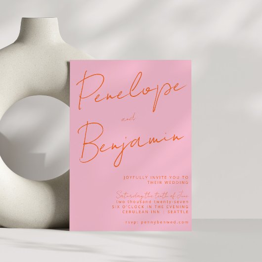 Moderne Skripthandschrift Hochzeitrosa Orange Einladung