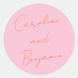 Moderne Skripthandschrift Hochzeitrosa und Orange Runder Aufkleber