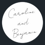 Moderne Skripthandschrift Wedding Boho White Runder Aufkleber<br><div class="desc">Modernes Script Handwriting Wedding Boho Classic Round Sticker in Weiß</div>