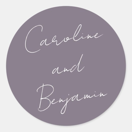 Moderne Skripthandwriting Wedding Dusty Lila Runder Aufkleber (Vorderseite)