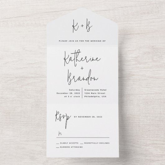 Moderne Skriptkalligrafie Monogram Wedding All In One Einladung (Innen Boden)