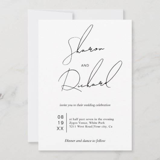 Moderne Skriptkalligraphie schwarz, weiß Hochzeit Einladung (Vorderseite)