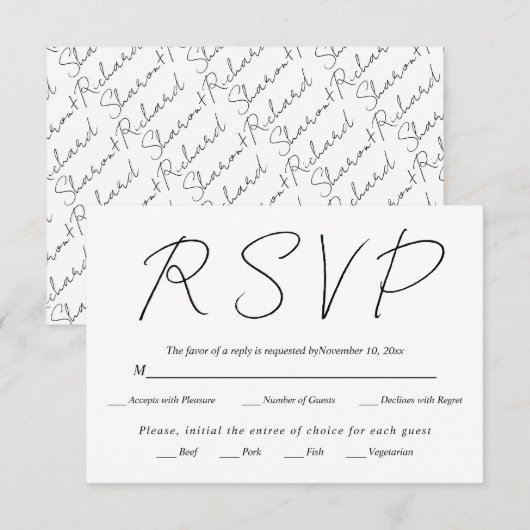 Moderne Skriptkalligraphie Schwarz-Weiß-Hochzeit RSVP Karte (Vorne/Hinten)
