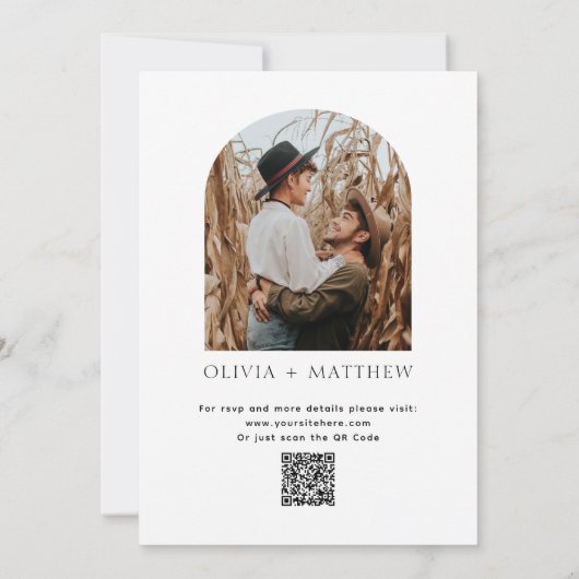 Moderne Skriptminimalistische Hochzeit + QR Detail Einladung (Rückseite)