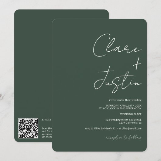 Moderne Skriptnamen Grün qr Code Hochzeit Einladung (Vorne/Hinten)