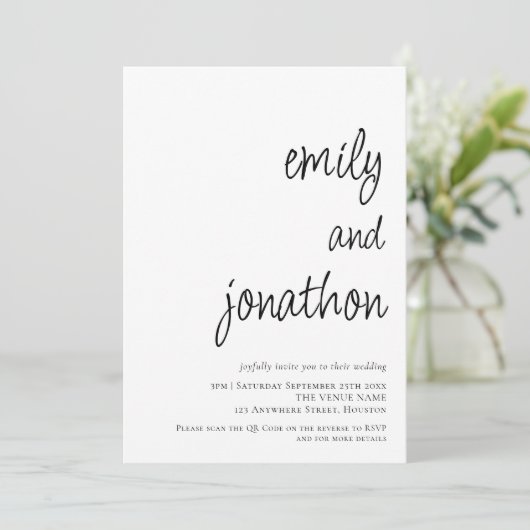 Moderne Skriptnamen QR Code Hochzeit Einladung (Stehend Vorderseite)