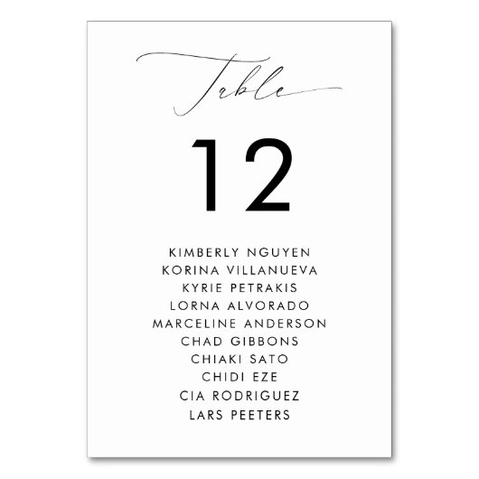 Moderne Skriptsitzkarten-Namen Minimale Hochzeit Tischnummer (Rückseite)
