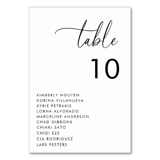 Moderne Skriptsitzkarten-Namen Minimale Hochzeit Tischnummer (Rückseite)