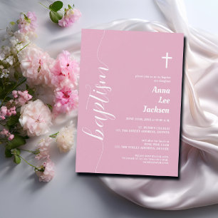 Moderne Skripttaufe Weiß Kreuz Dusty Pink Einladung
