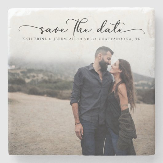 Moderne SkriptWedding Save the Date Steinuntersetzer (Vorderseite)