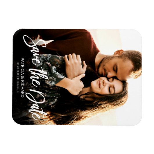 Moderne SkriptWedding speichert das Date-Foto Magnet (Horizontal)