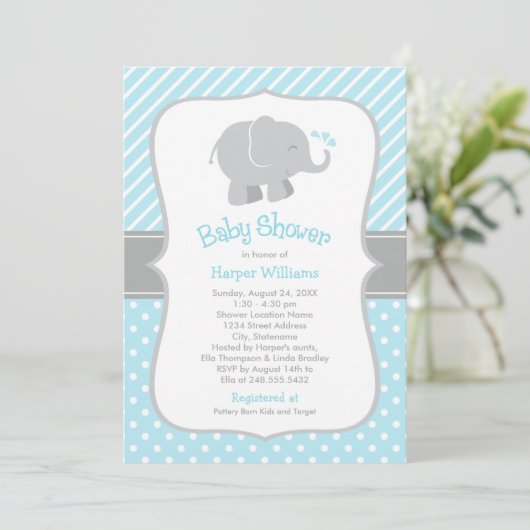 Moderne Sky Blue und Graue Elephant Boy Baby Dusch Einladung (Stehend Vorderseite)