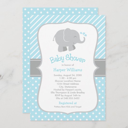 Moderne Sky Blue und Graue Elephant Boy Baby Dusch Einladung (Vorne/Hinten)