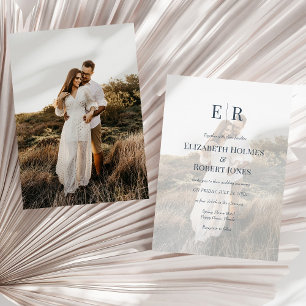 Moderne Slate Blue Monogram Custom Foto Wedding Einladung