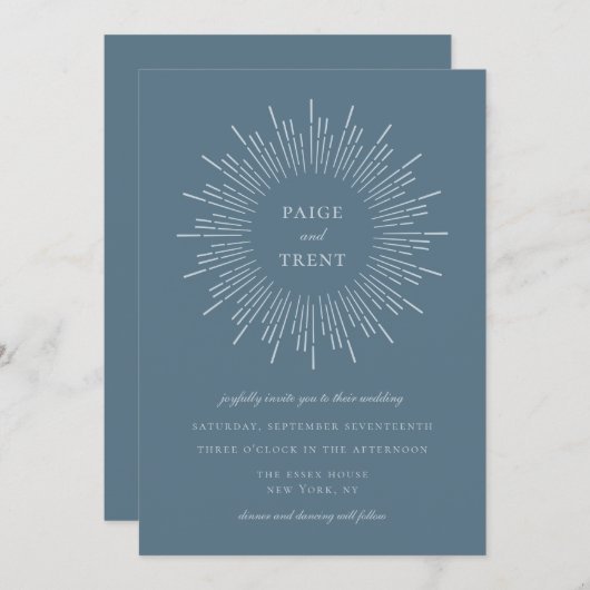Moderne Slate Blue Sunburst Frame Wedding Einladung (Vorne/Hinten)