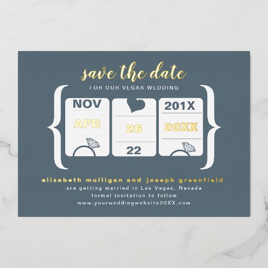 Moderne Slotmaschine Hochzeit rettet das Datum Folieneinladung (Vorderseite)