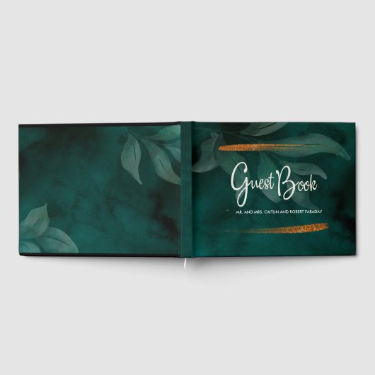 moderne Smaragdgrün und Blätter Gästebuch (Voll)