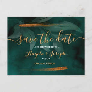 moderne Smaragdgrün und Blätter Save the Date Post Postkarte