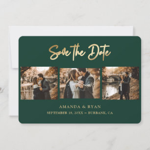 Moderne Smaragdgrün und Goldfolie Hochzeit 3 Foto Save The Date
