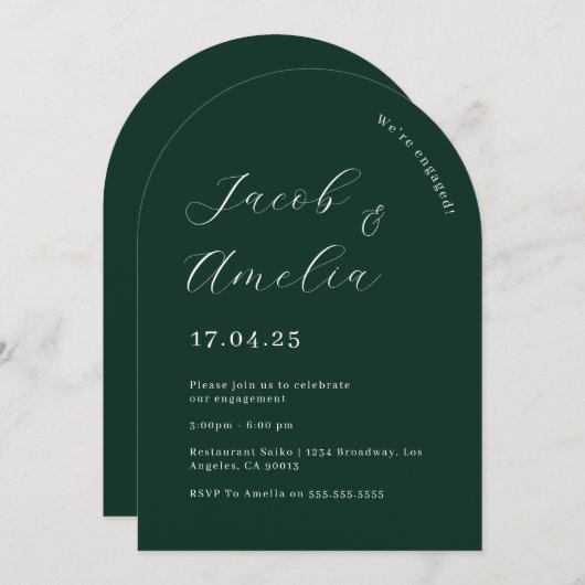 Moderne Smaragdgrüne Arch-Engagement-Partei Einladung (Vorne/Hinten)