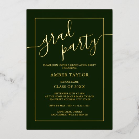 Moderne Smaragdgrüne Gold Graduation Party Folieneinladung (Vorderseite)