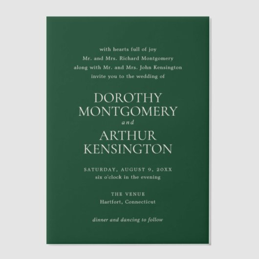 Moderne Smaragdgrüne Hochzeit Pergament Einladungen (Vorderseite)