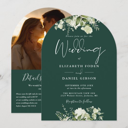 Moderne Smaragdgrüne QR Code Foto Arch Wedding Einladung (Vorne/Hinten)