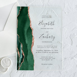 Moderne Smaragdgrüne Rosen-Gold-Achat-Hochzeit Acryleinladungen