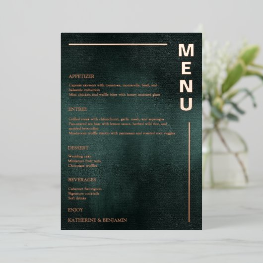 Moderne Smaragdgrüne Schwarze Elegante Hochzeitsme Folieneinladung (Stehend vorne)