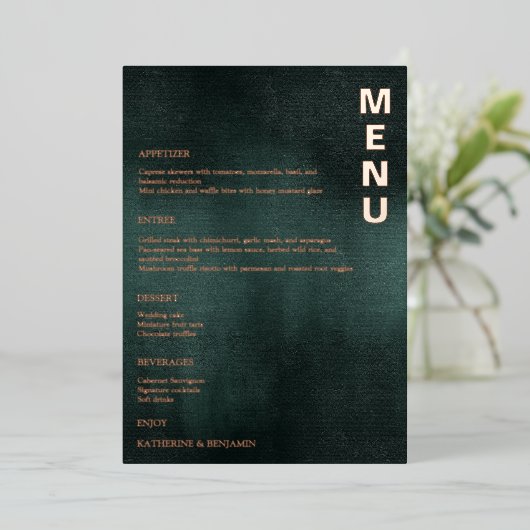 Moderne Smaragdgrüne Schwarze Elegante Hochzeitsme Folieneinladung (Stehend vorne)