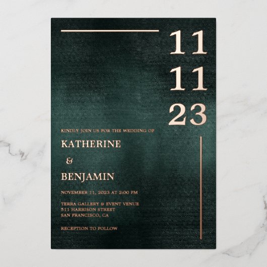 Moderne Smaragdgrüne Schwarze Hochzeit Folieneinladung (Vorderseite)