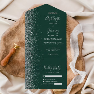 Moderne Smaragdgrüne Silber Glitter Hochzeit All In One Einladung