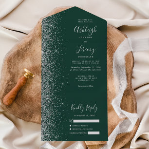 Moderne Smaragdgrüne Silber Glitter Hochzeit All In One Einladung
