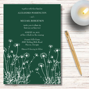 Moderne Smaragdgrüne und Weiße Wildblumenhochzeit Einladung