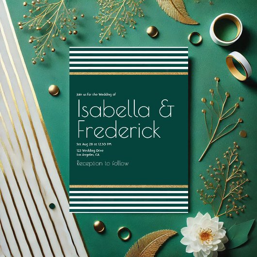 Moderne Smaragdgrüne, weiße und goldene Hochzeit Einladung
