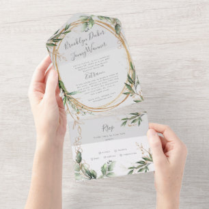 Moderne Smarald Boho Tropical Eukalyptus Wedding All In One Einladung