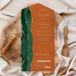Moderne Smarald Green Gold Agate Rust Wedding All In One Einladung<br><div class="desc">Die links Kulisse dieser eleganten,  modernen und einladenden Hochzeitseinladung und der UAWG mit einem smaragdgrünen Aquarellrand besticht durch den goldenen Glitzer der Imitate. Der anpassbare Text kombiniert goldfarbene whimsical Handschrift,  Copperplate und kursiv Schriftart auf einem verbrannten orangen oder rostfarbenen Hintergrund.</div>