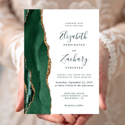 Moderne Smarald Green Gold Agate Script Hochzeit Einladung