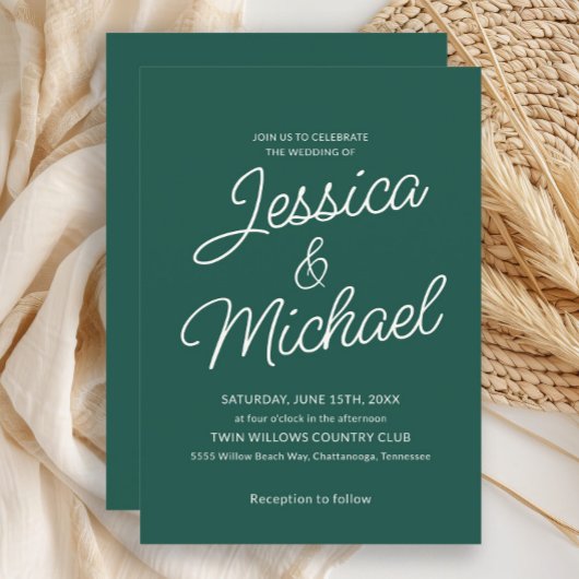 Moderne Smarald Green Ivory Script Hochzeit Einladung