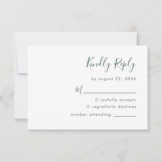 Moderne Smarald Green Script Wedding RSVP Karte (Vorderseite)
